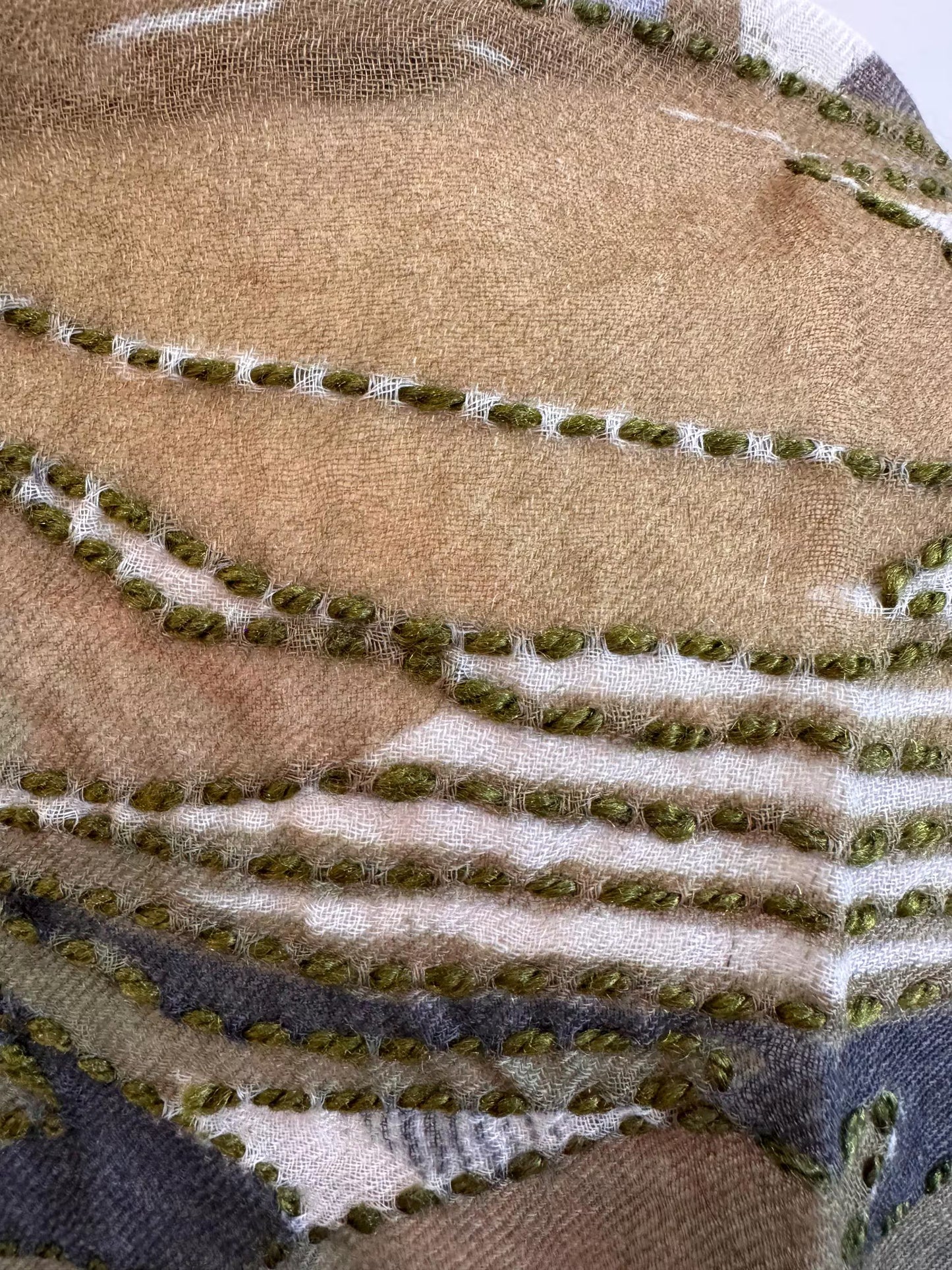 Gray Merino Wool Silk Embroidered Scarf - Handmade Soft Winter Shawl, Luxury Ladies Wrap