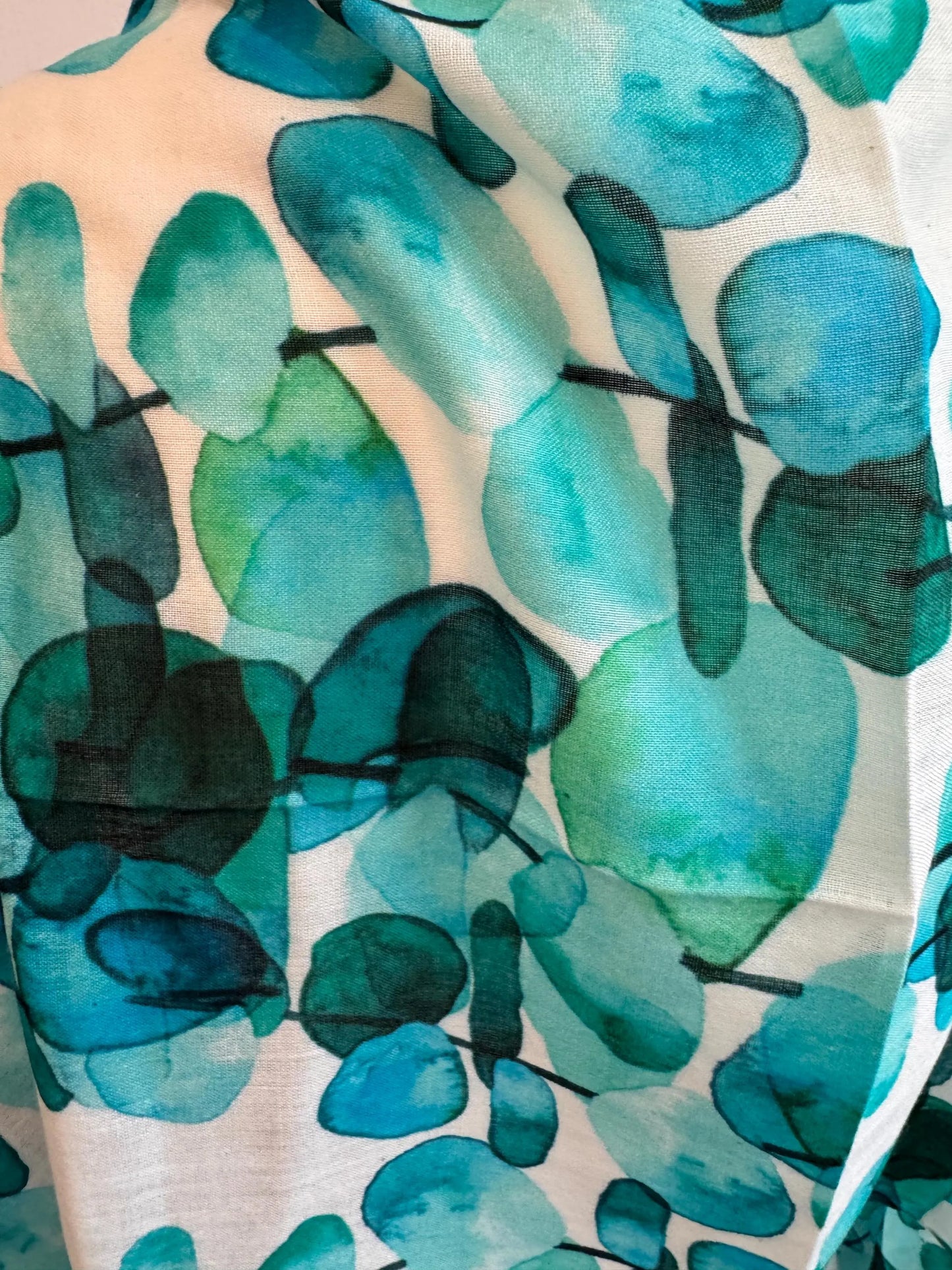 Turquoise Linen Scarf for Women, Lightweight Boho Botanical Wrap, Travel Wedding Abstract Shawl