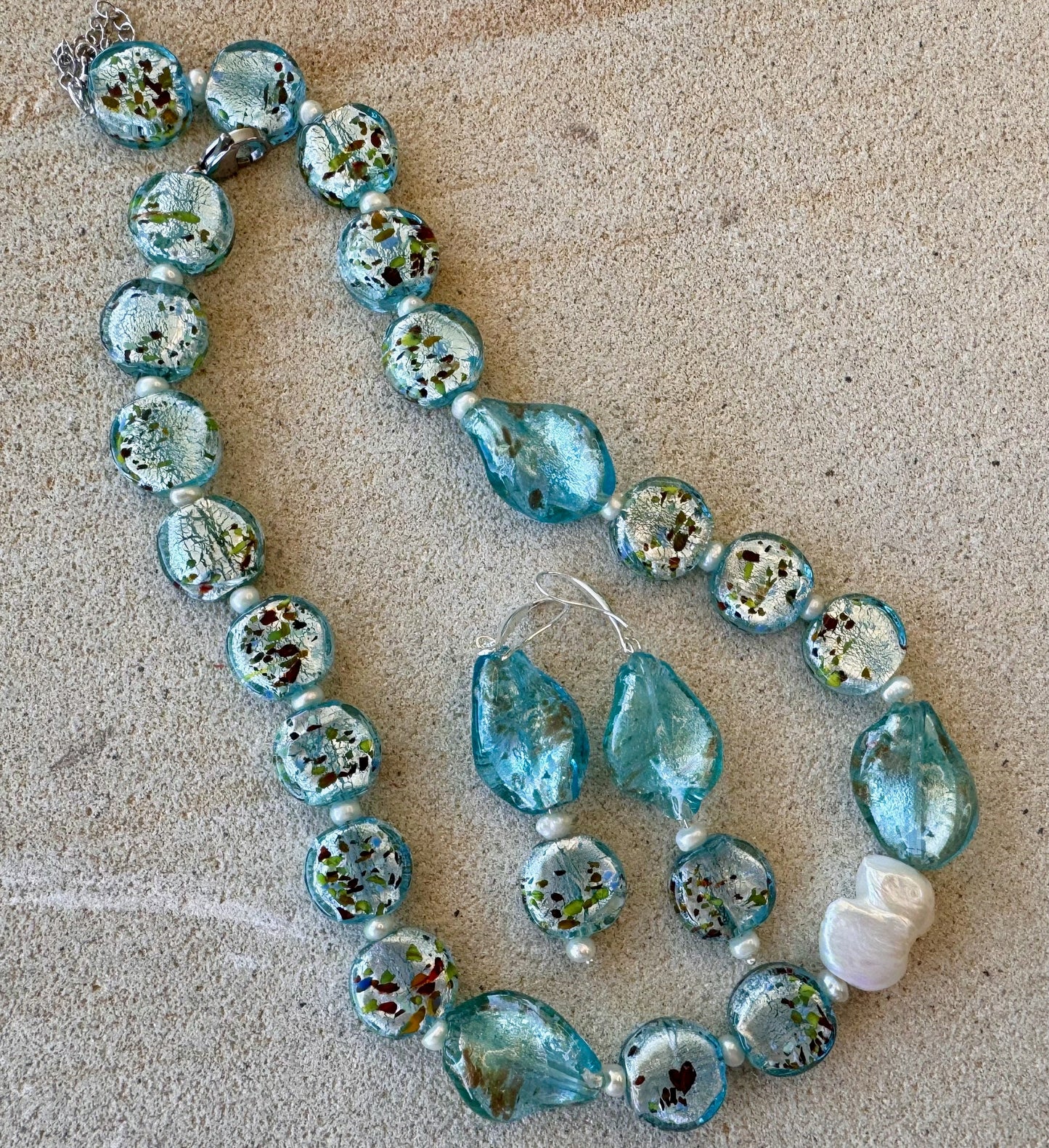 Blue Glass Foil Twist Beads with Gold Aventurine Jewellery Set