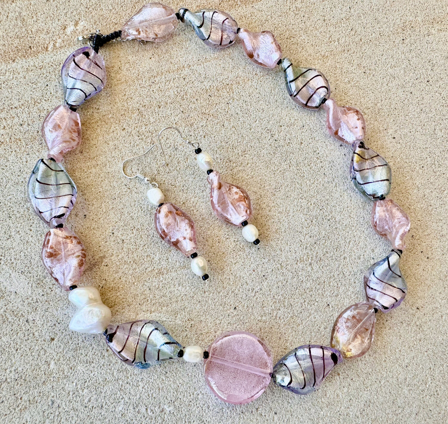 Pink Glass Foil Twist Beads with Gold Aventurine Jewellery Set