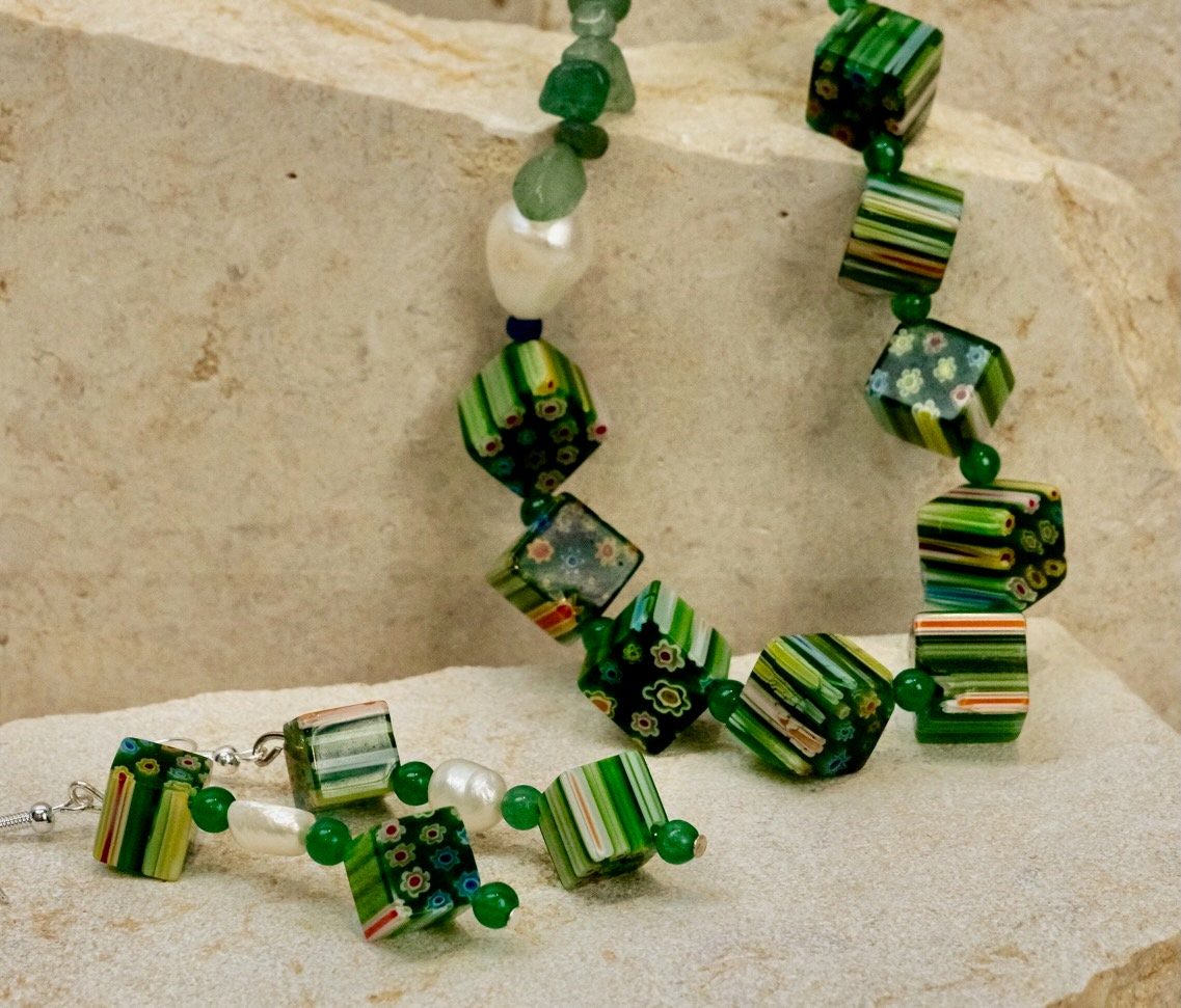 Millefiori Italian Glass Beads + Aventurine + Pearl Jewellery