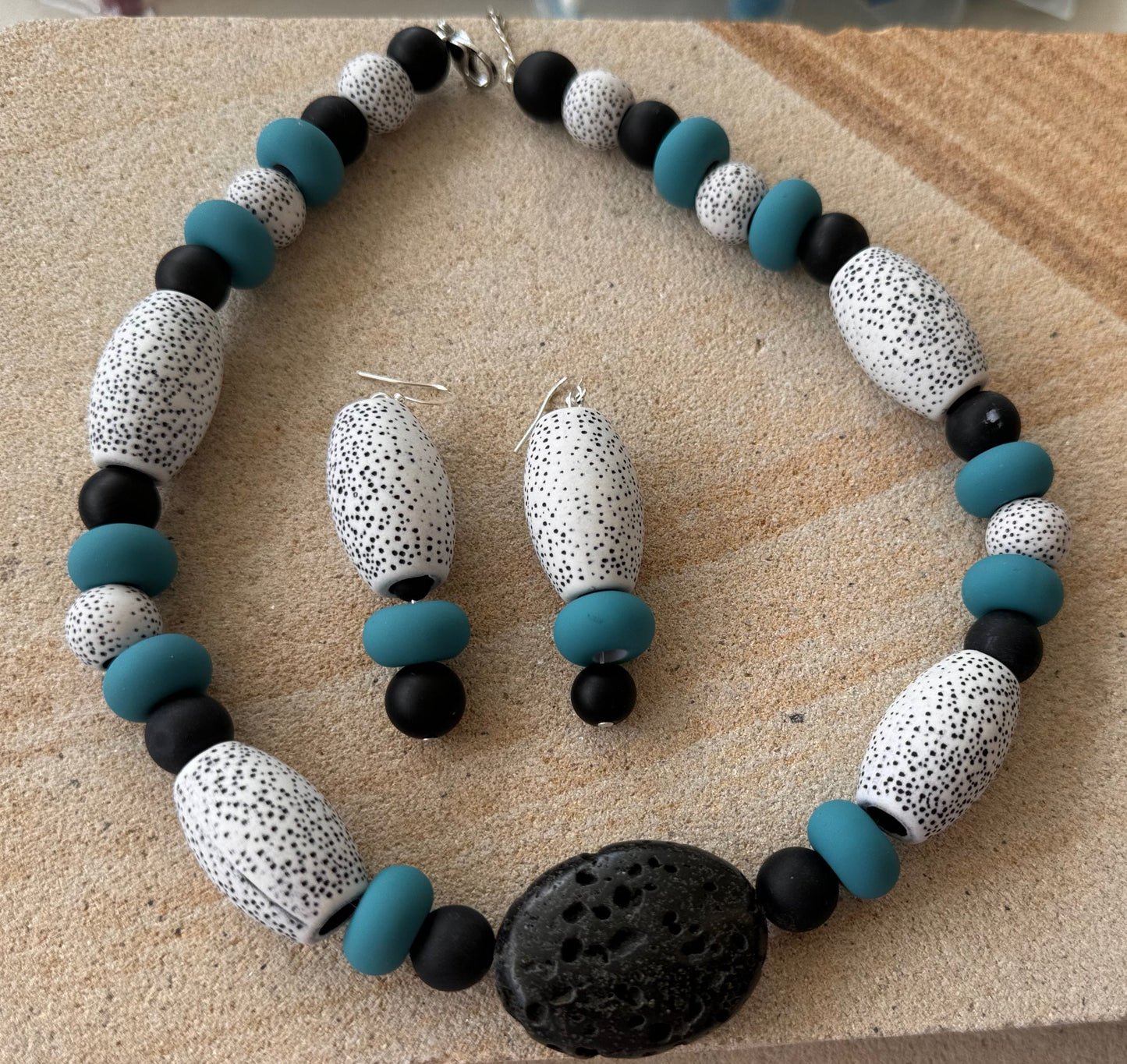 Black and White Large Macrame Beaded Jewellery Set
