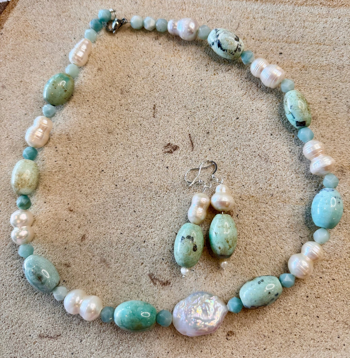 AAA Natural Blue Dragon Skin Agate + Large Peanut Pearls Jewellery Set