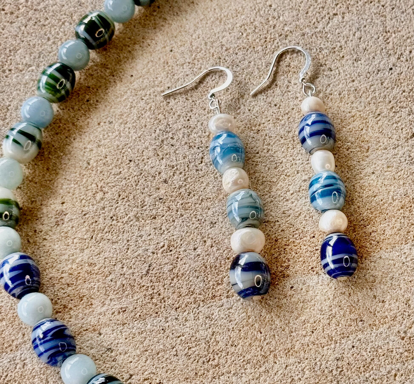Blue Striped Glass Beaded Jewellery Set