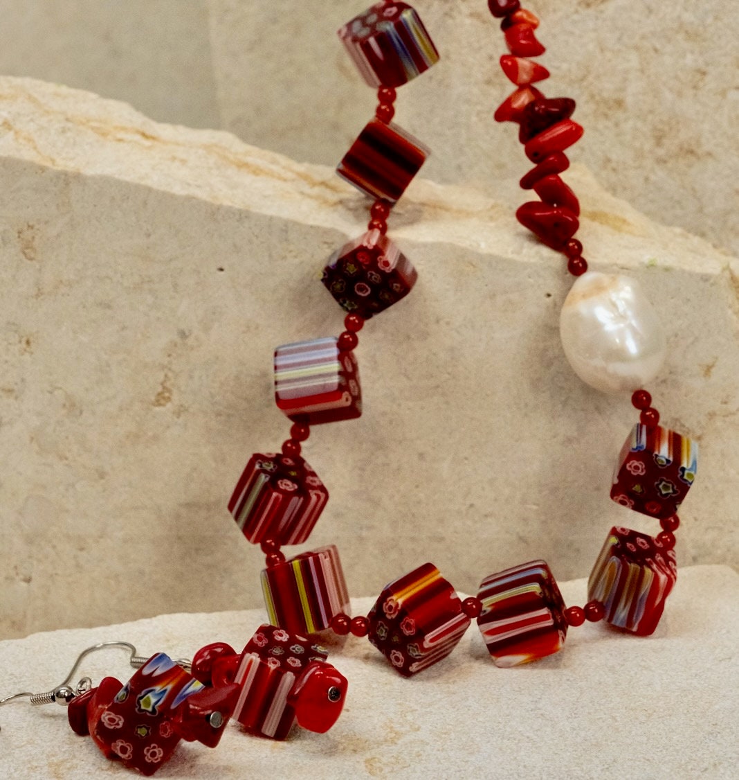 Millefiori Italian Glass Beads + Red Jasper Jewellery Set