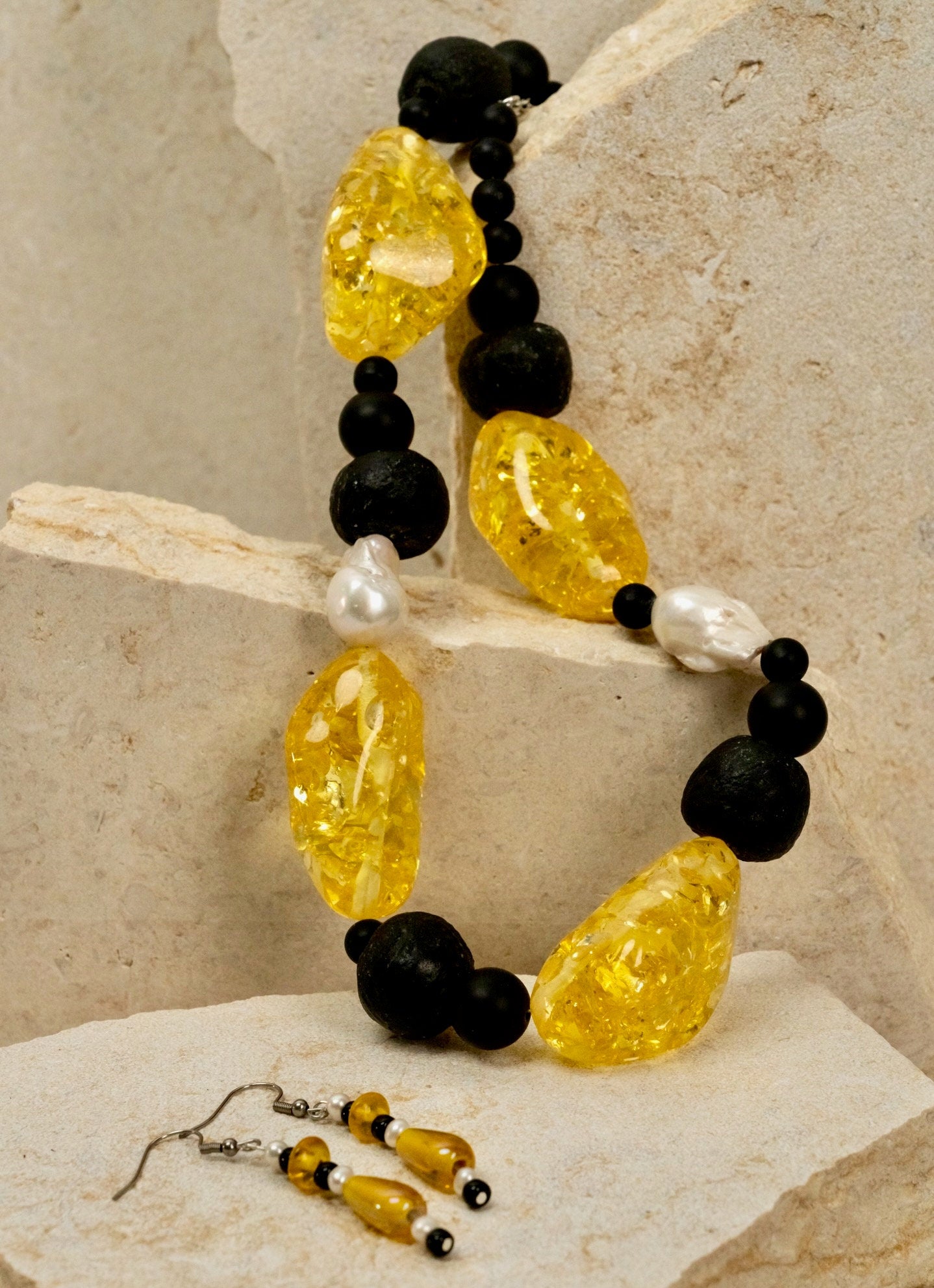 Vintage Yellow Chunky Resin Nuggets with Pearls Jewellery Set