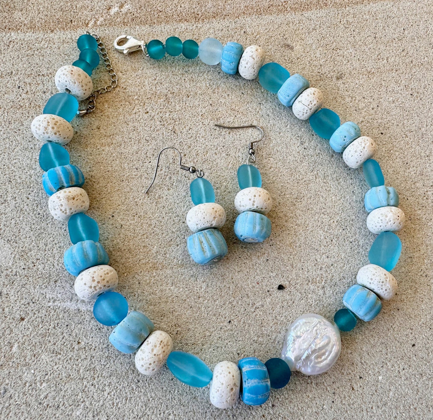 White Natural Lava Volcanic Rock Beaded Jewellery Set