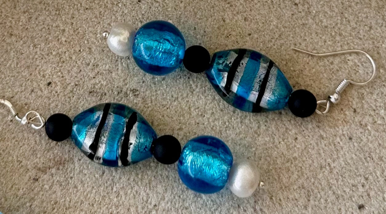 Blue Striped Foil Beaded Jewellery Set