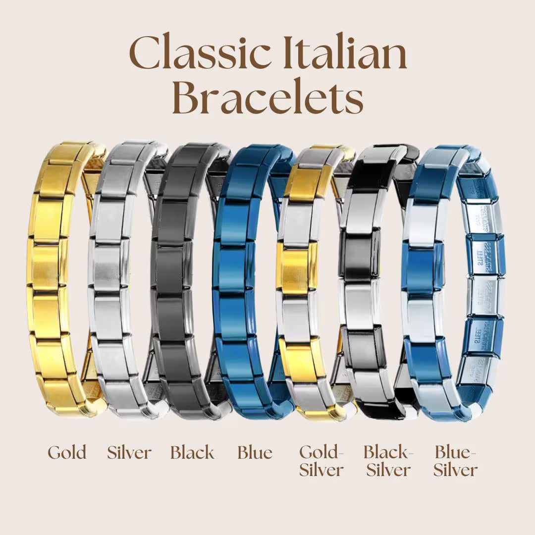 Classic Italian Charm Bracelet - Modular Bracelet in Gold, Silver, Black & Blue