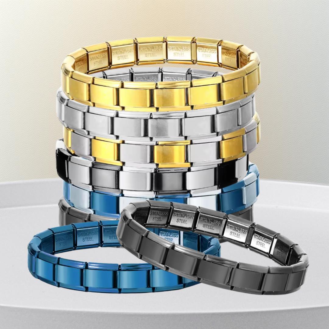 Classic Italian Charm Bracelet - Modular Bracelet in Gold, Silver, Black & Blue