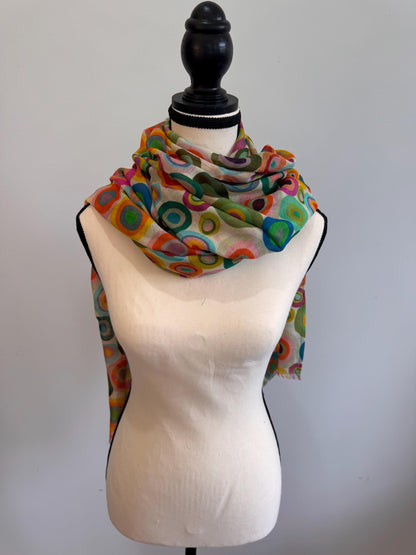 Colorful Dot Print Natural Wool Silk Scarf - Lightweight Travel Wrap, Handmade Boho Women Shawl