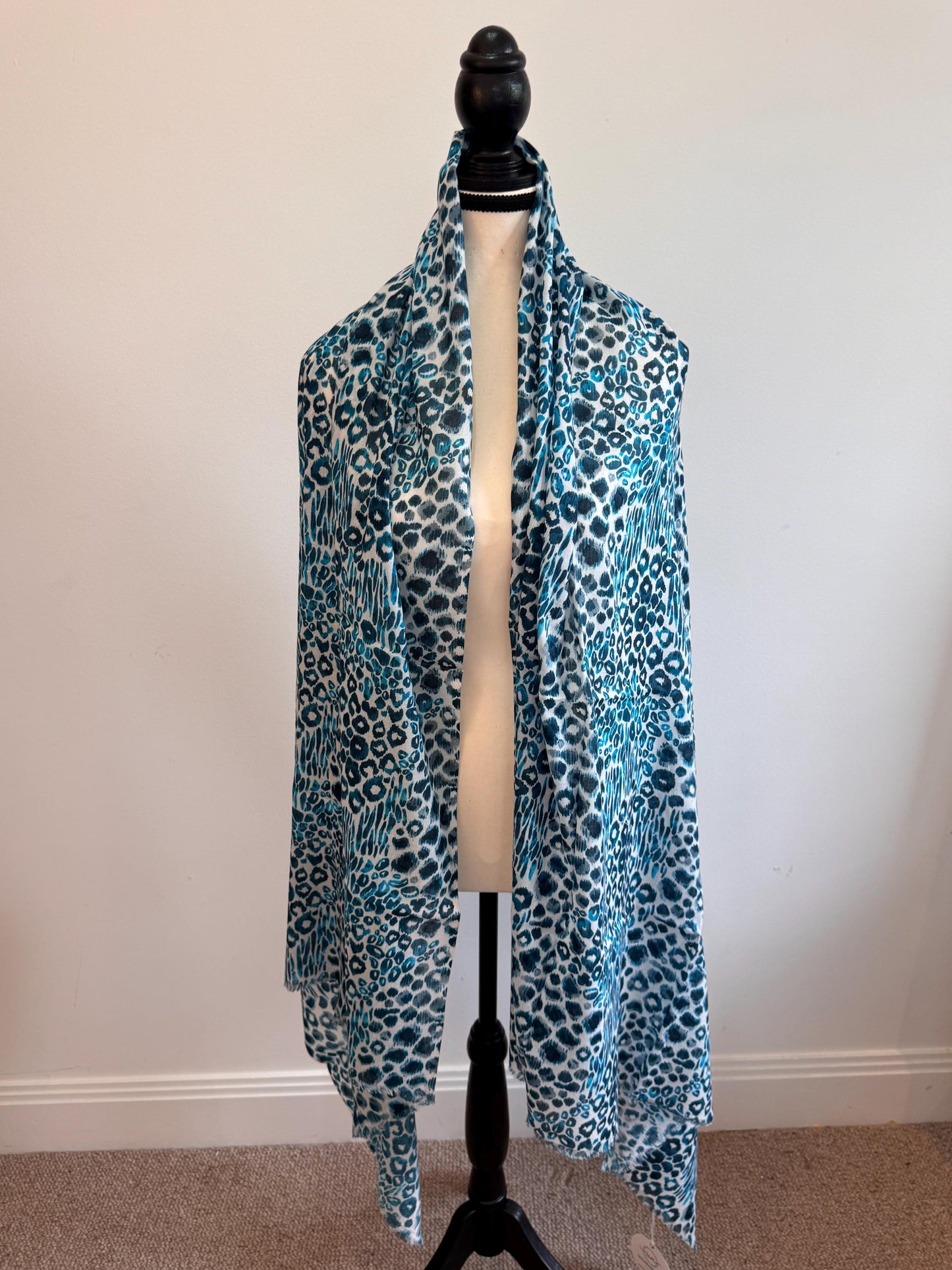 Handmade Blue Cotton Scarf - Lightweight Shawl, Leopard Print Travel Wrap, Beach Cover-Up, Summer Sarong
