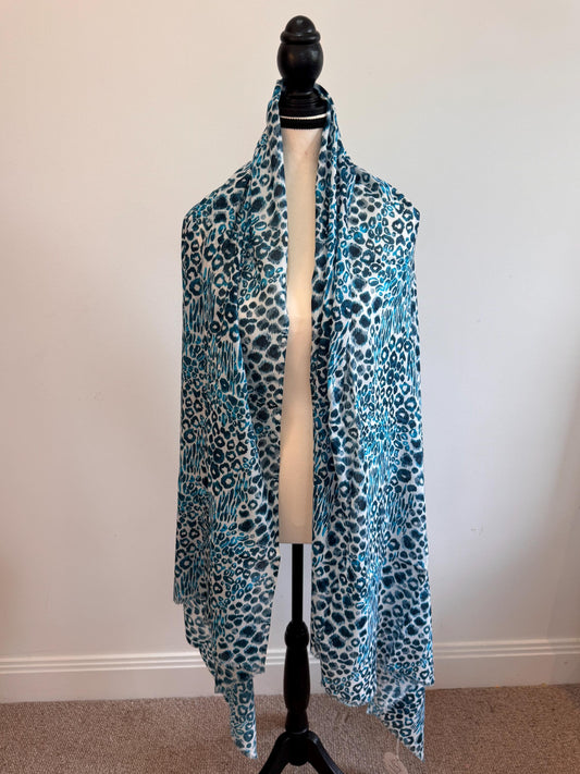Handmade Blue Cotton Scarf - Lightweight Shawl, Leopard Print Travel Wrap, Beach Cover-Up, Summer Sarong