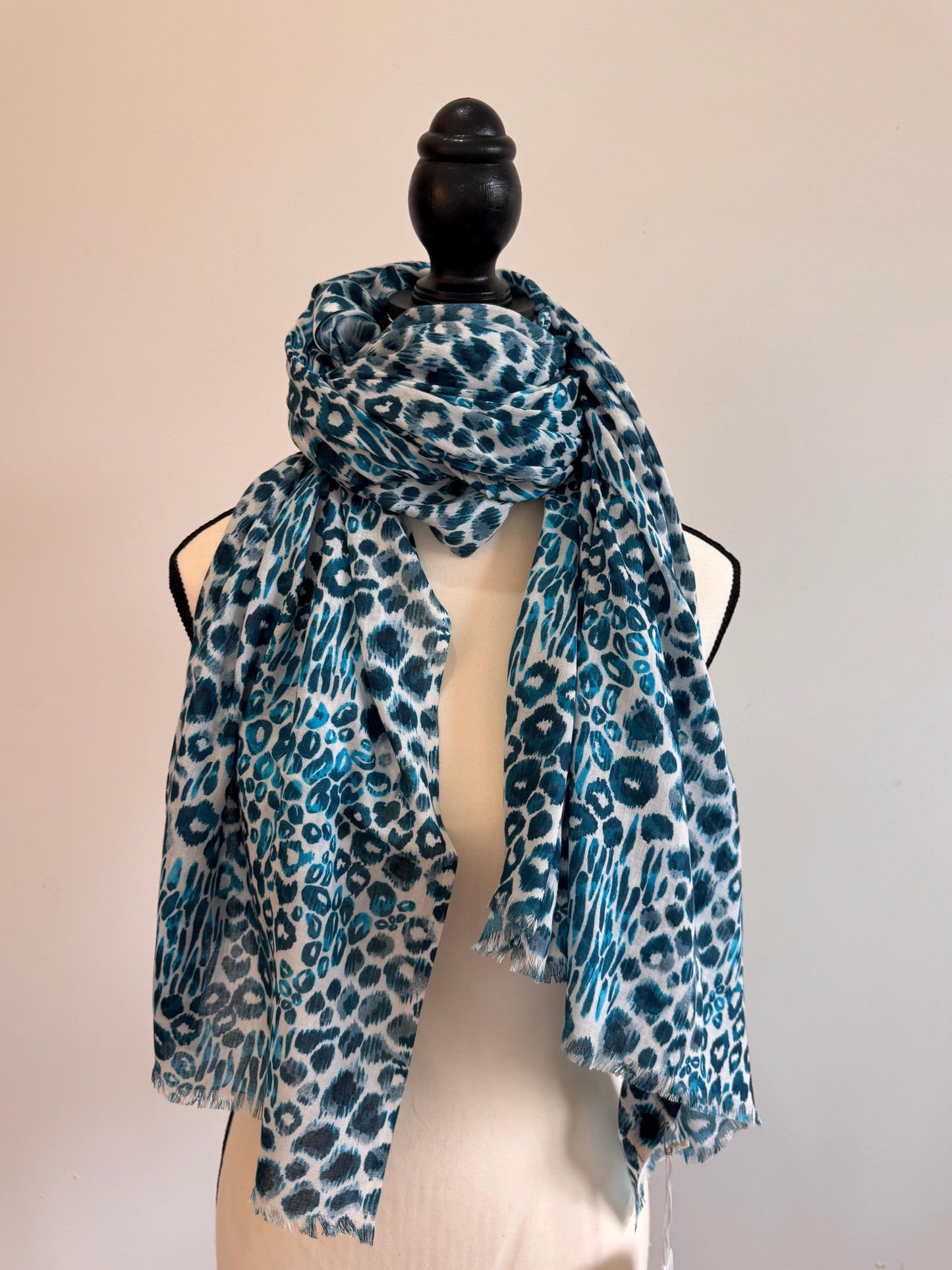 Handmade Blue Cotton Scarf - Lightweight Shawl, Leopard Print Travel Wrap, Beach Cover-Up, Summer Sarong