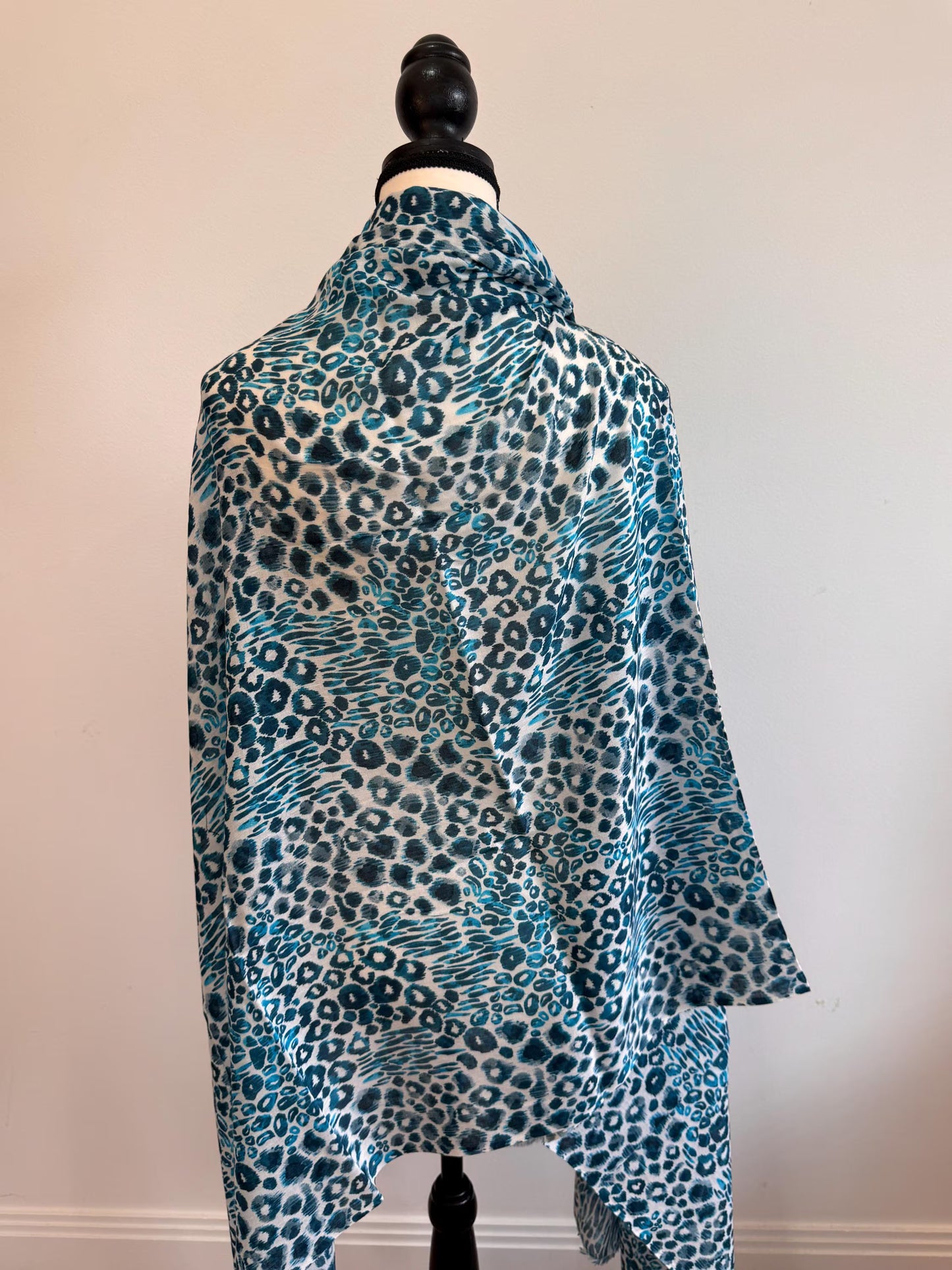 Handmade Blue Cotton Scarf - Lightweight Shawl, Leopard Print Travel Wrap, Beach Cover-Up, Summer Sarong