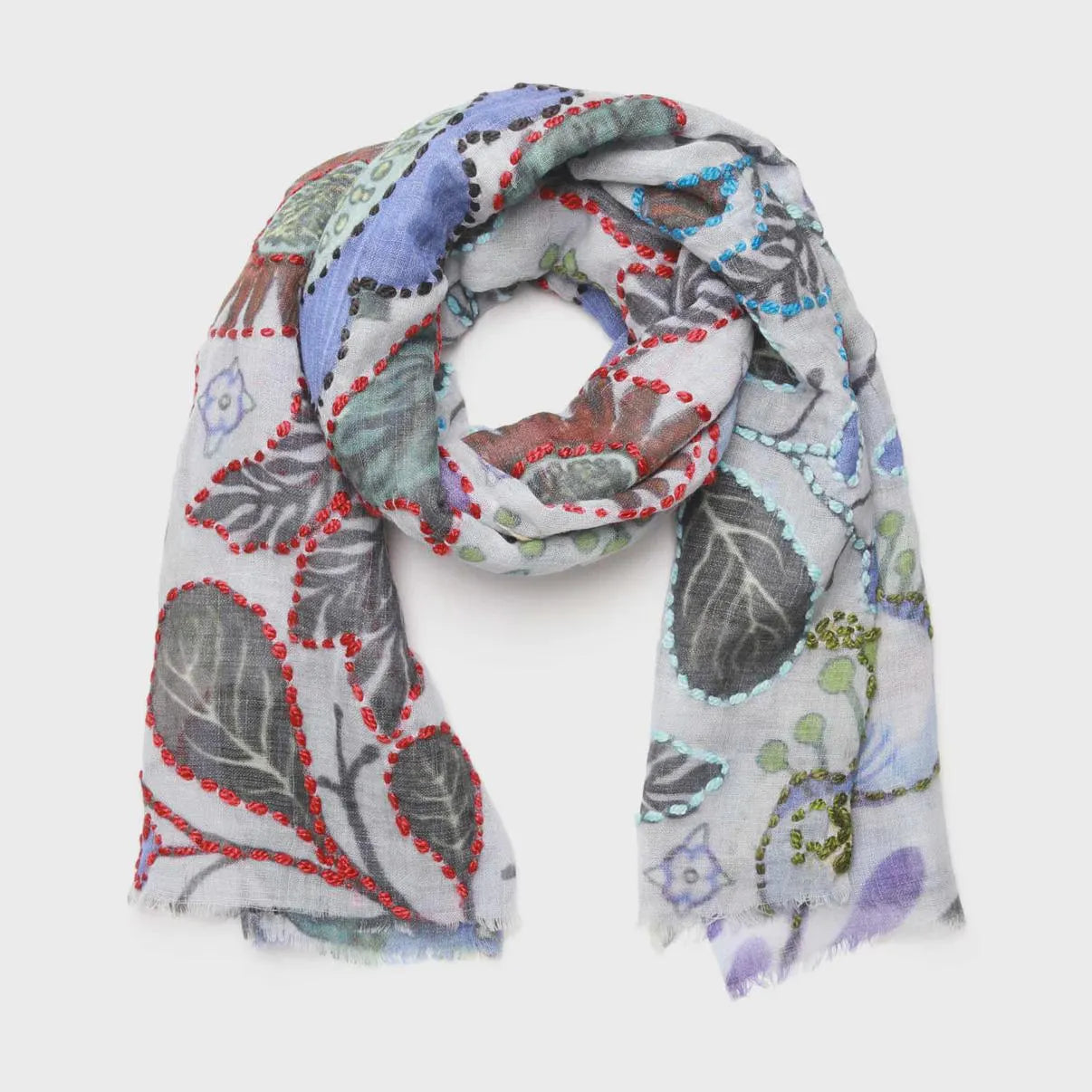 Blue Merino Wool Scarf - Embroidered Floral Wrap, Lightweight Winter Shawl, Handmade Women Accessory