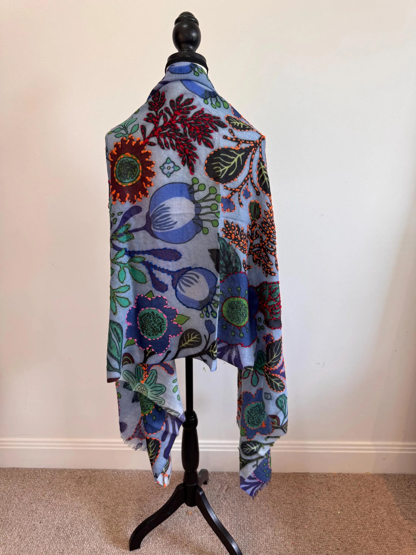 Blue Merino Wool Scarf - Embroidered Floral Wrap, Lightweight Winter Shawl, Handmade Women Accessory