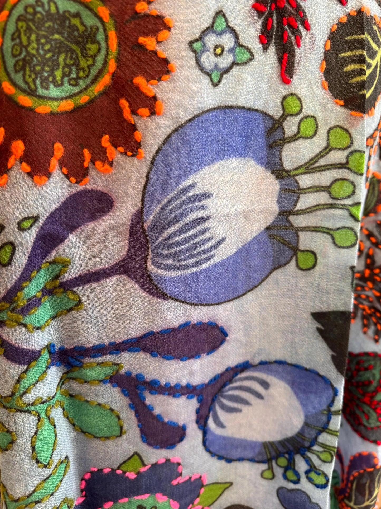 Blue Merino Wool Scarf - Embroidered Floral Wrap, Lightweight Winter Shawl, Handmade Women Accessory