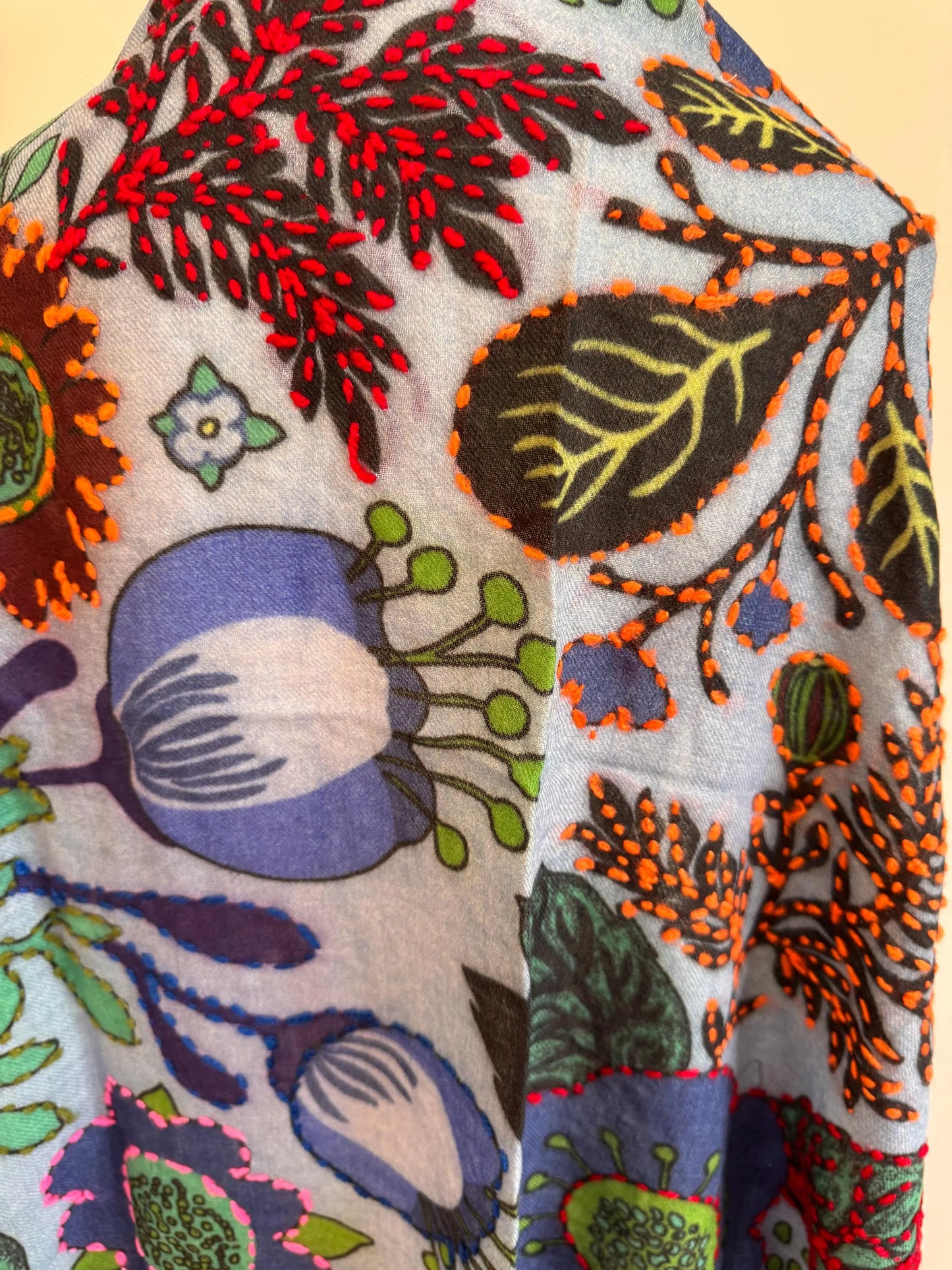 Blue Merino Wool Scarf - Embroidered Floral Wrap, Lightweight Winter Shawl, Handmade Women Accessory