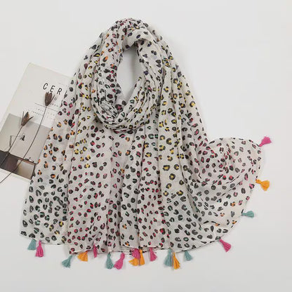 Cotton Leopard Print Scarf with Tassels - Animal Print Shawl, Long Travel Ladies Wrap