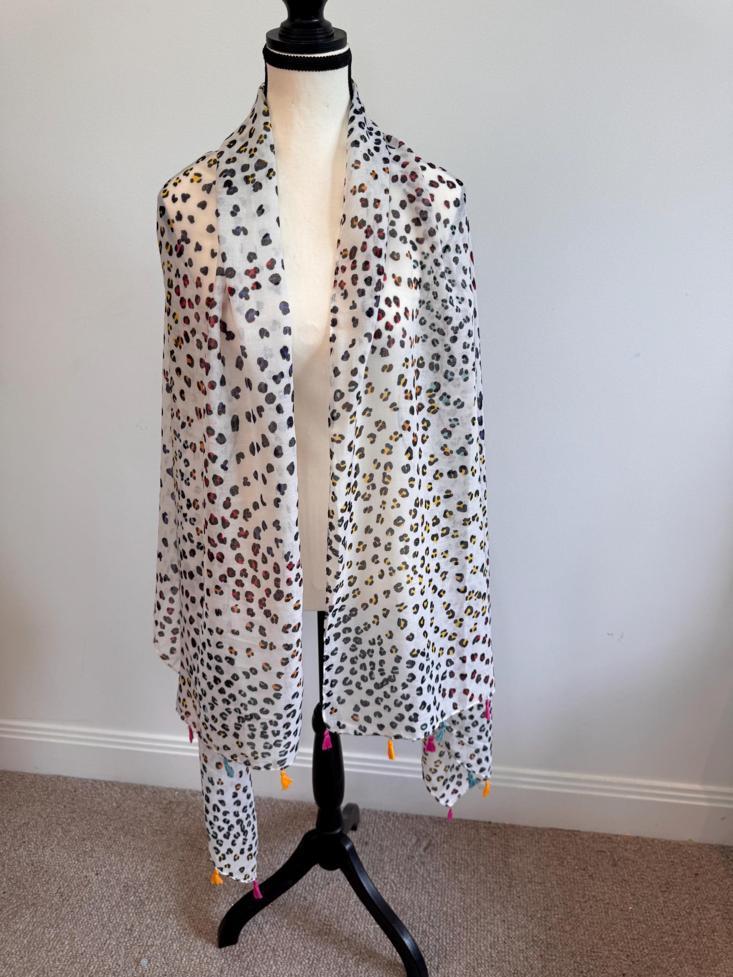 Cotton Leopard Print Scarf with Tassels - Animal Print Shawl, Long Travel Ladies Wrap