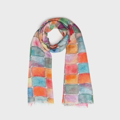 Abstract Cotton Block Print Scarf – Lightweight Multicheck Summer Wrap, Long Boho Travel Shawl