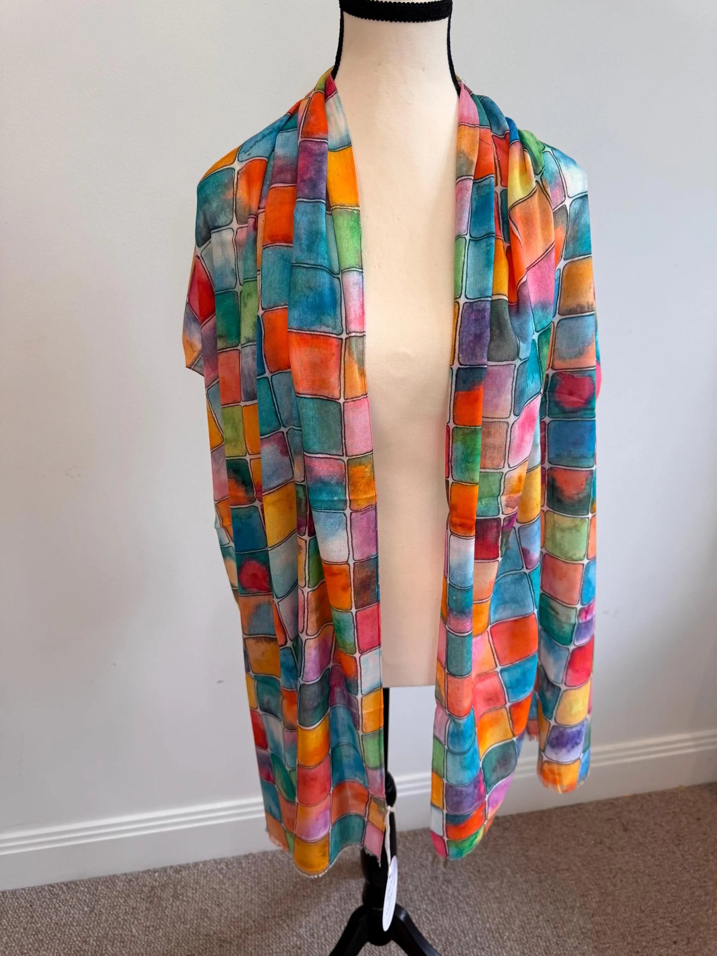 Abstract Cotton Block Print Scarf – Lightweight Multicheck Summer Wrap, Long Boho Travel Shawl