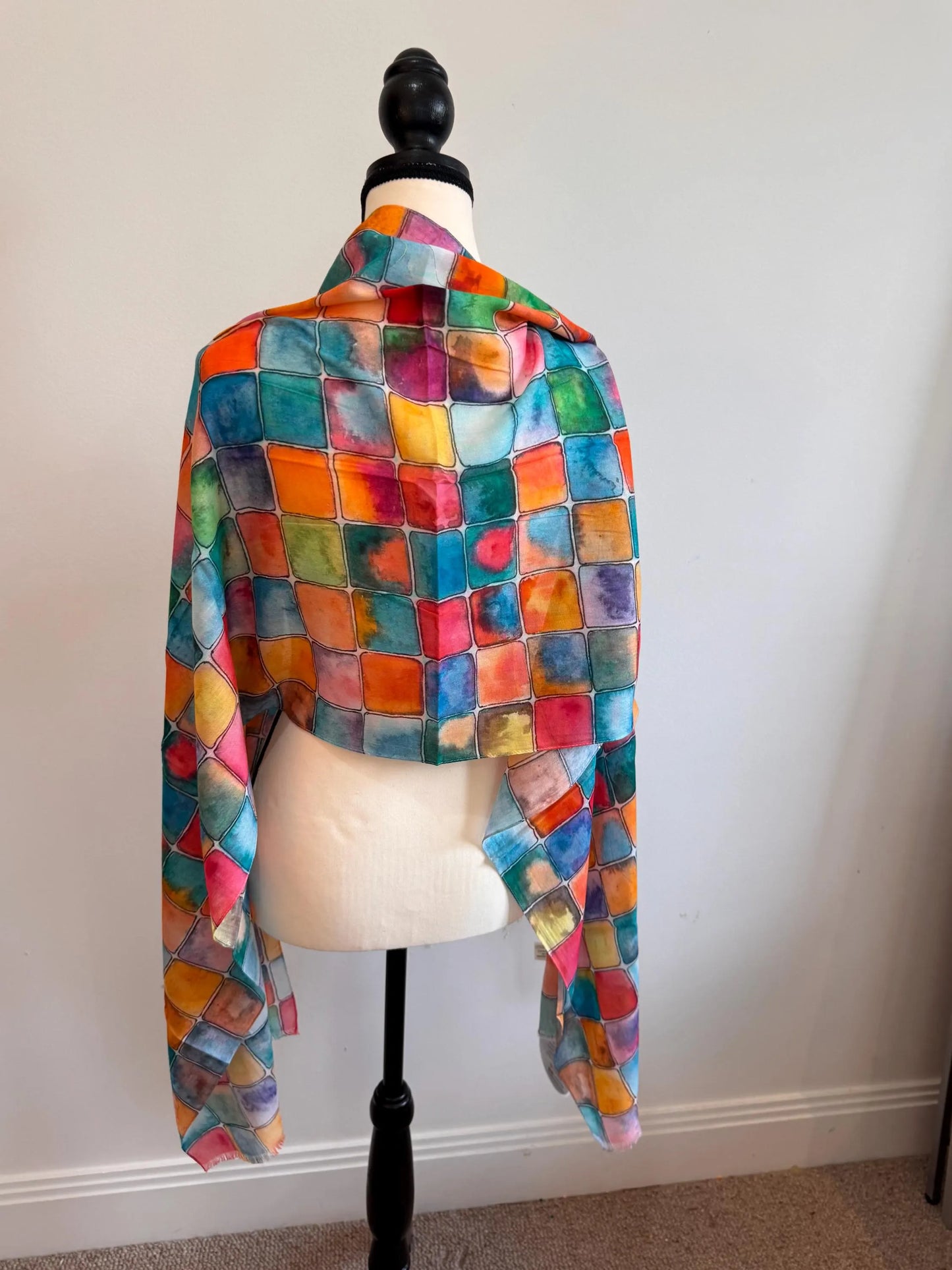 Abstract Cotton Block Print Scarf – Lightweight Multicheck Summer Wrap, Long Boho Travel Shawl