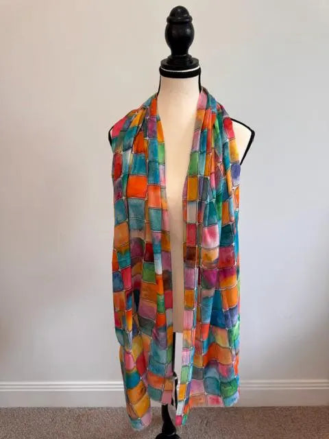 Abstract Cotton Block Print Scarf – Lightweight Multicheck Summer Wrap, Long Boho Travel Shawl