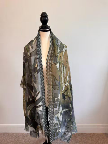 Gray Merino Wool Silk Embroidered Scarf - Handmade Soft Winter Shawl, Luxury Ladies Wrap