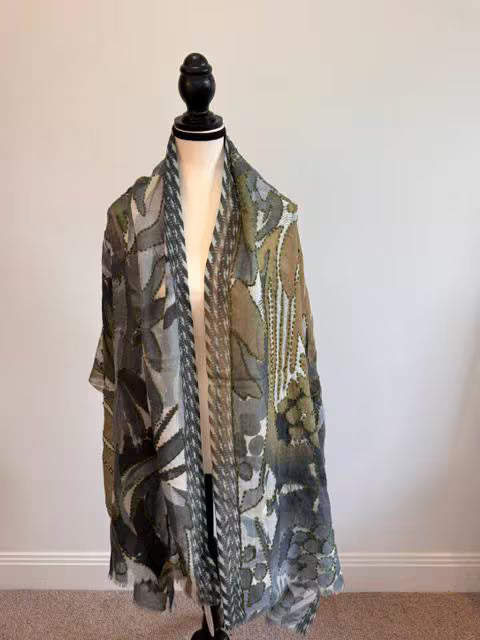 Gray Merino Wool Silk Embroidered Scarf - Handmade Soft Winter Shawl, Luxury Ladies Wrap