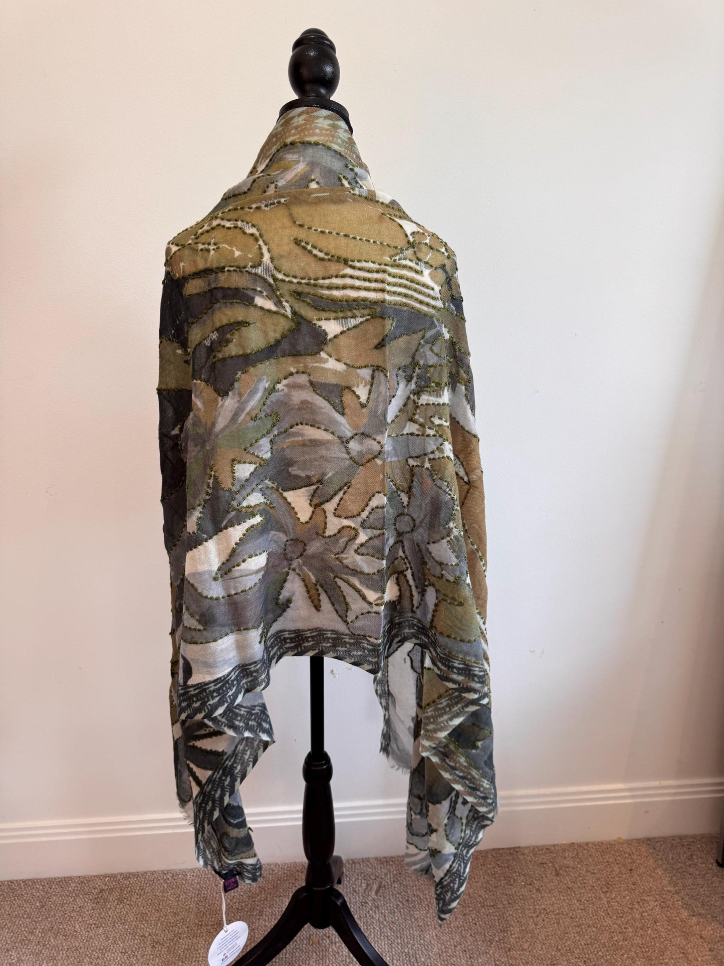 Gray Merino Wool Silk Embroidered Scarf - Handmade Soft Winter Shawl, Luxury Ladies Wrap