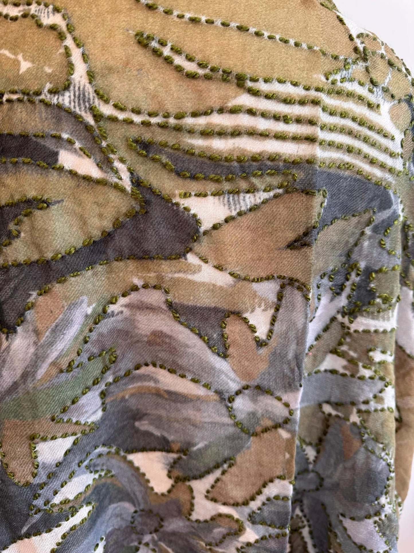 Gray Merino Wool Silk Embroidered Scarf - Handmade Soft Winter Shawl, Luxury Ladies Wrap