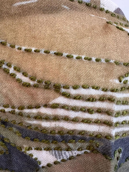 Gray Merino Wool Silk Embroidered Scarf - Handmade Soft Winter Shawl, Luxury Ladies Wrap