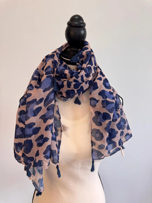 Blue Black Linen Scarf for Women – Boho Lightweight Shawl, Handmade Travel Wrap