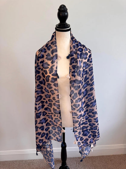 Blue Black Linen Scarf for Women – Boho Lightweight Shawl, Handmade Travel Wrap