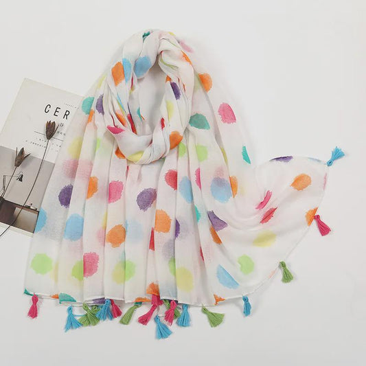 Handmade Polka Dots Cotton Scarf with Tassels, Lightweight Multicolor Boho Wrap, Everyday Shawl
