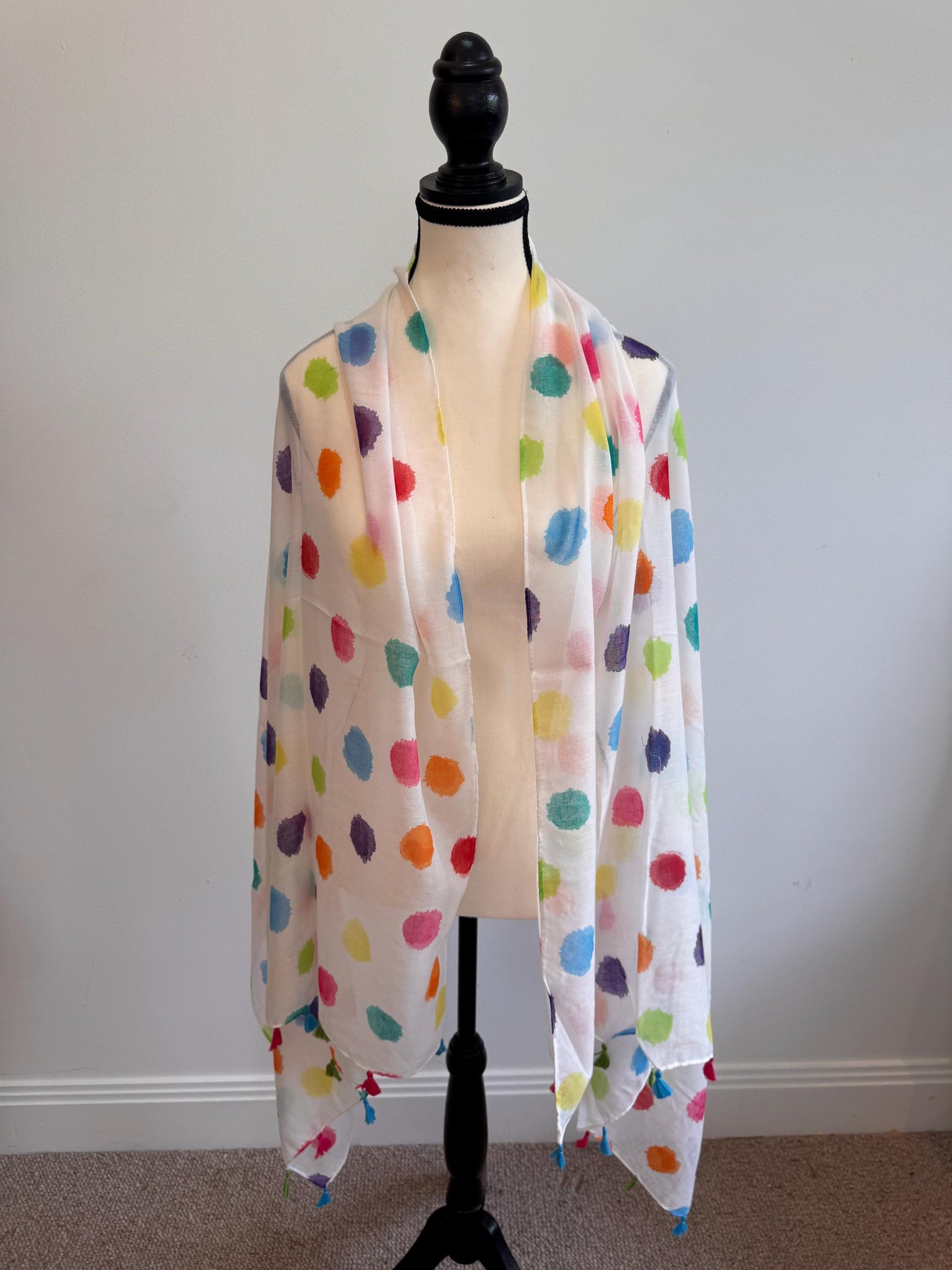 Handmade Polka Dots Cotton Scarf with Tassels, Lightweight Multicolor Boho Wrap, Everyday Shawl