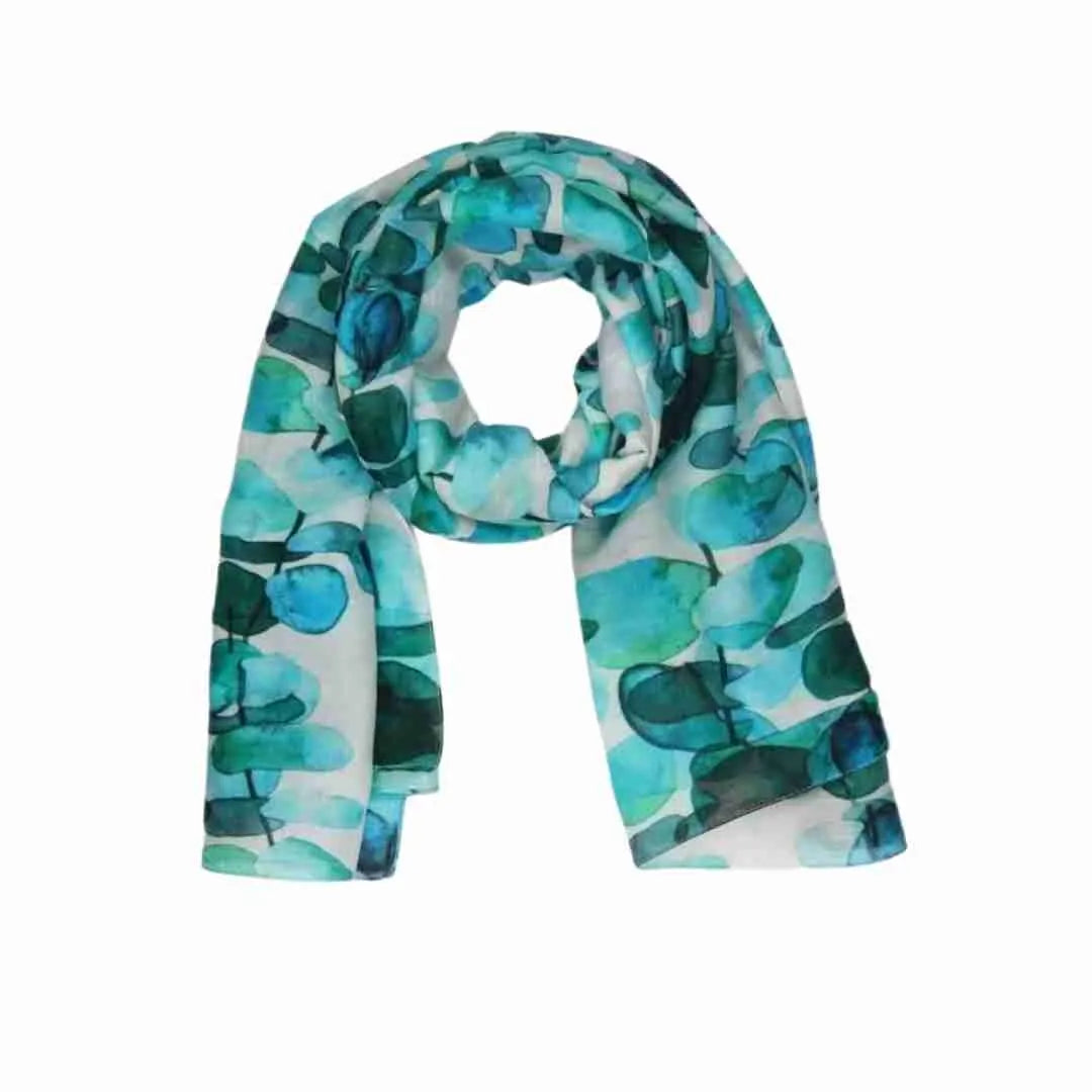 Turquoise Linen Scarf for Women, Lightweight Boho Botanical Wrap, Travel Wedding Abstract Shawl