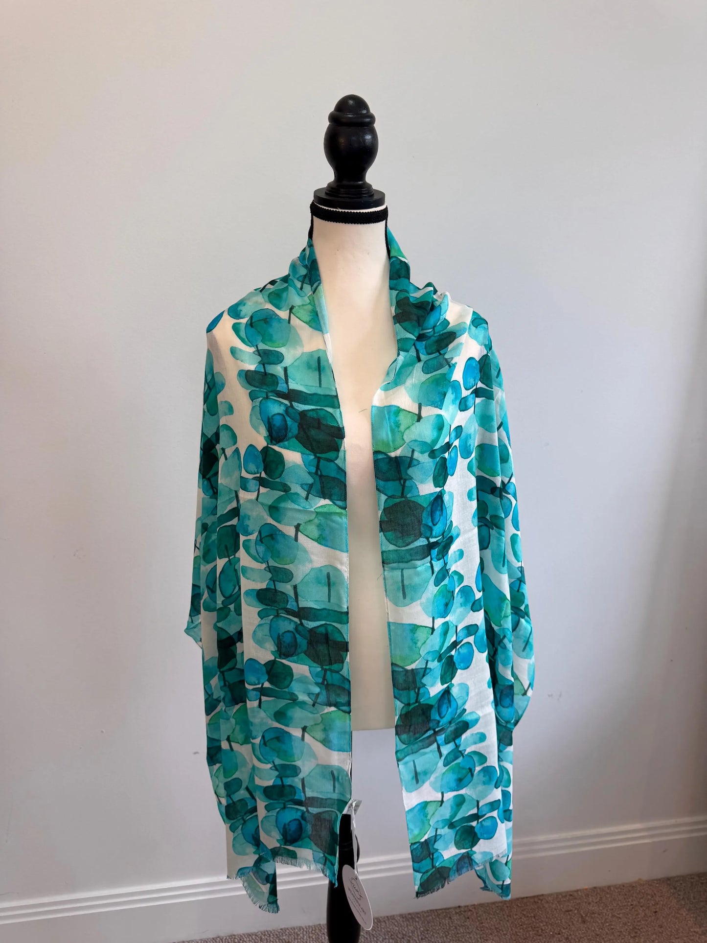 Turquoise Linen Scarf for Women, Lightweight Boho Botanical Wrap, Travel Wedding Abstract Shawl