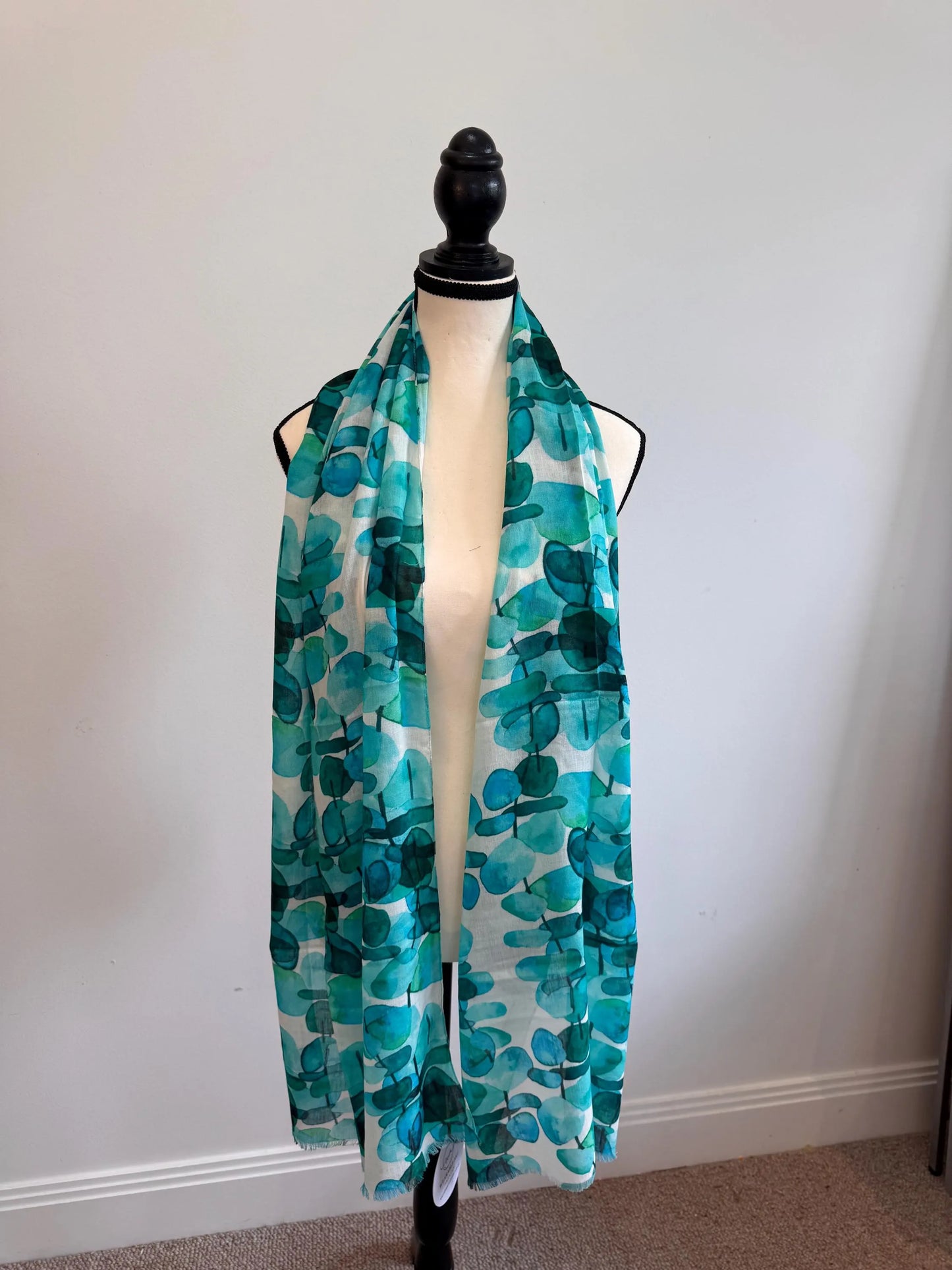 Turquoise Linen Scarf for Women, Lightweight Boho Botanical Wrap, Travel Wedding Abstract Shawl