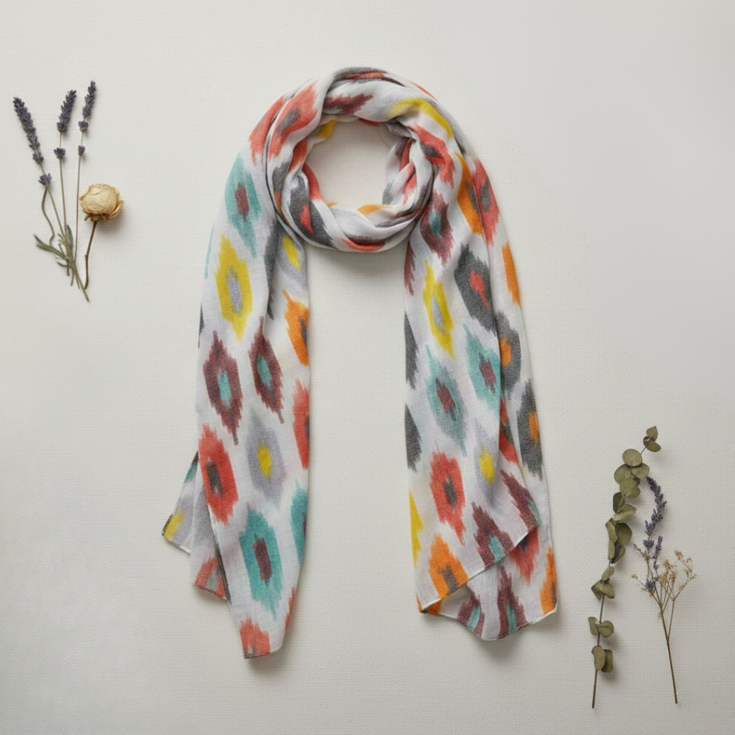 Handmade Cotton Ikat Scarf – Lightweight Geometric Abstract Wrap for Travel, Summer, Festival & Everyday