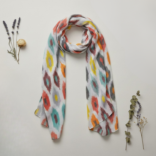 Handmade Cotton Ikat Scarf – Lightweight Geometric Abstract Wrap for Travel, Summer, Festival & Everyday