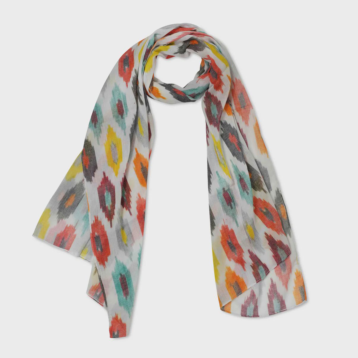 Handmade Cotton Ikat Scarf – Lightweight Geometric Abstract Wrap for Travel, Summer, Festival & Everyday