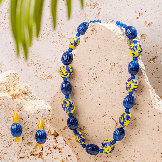 Blue & Yellow African Fused Recycled Glass Krobo Beaded Jewellery Set