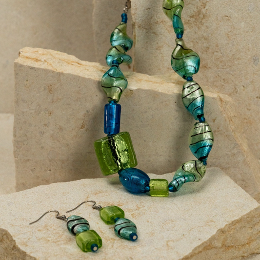 Blue Murano Glass Necklace and Green Drop Earrings