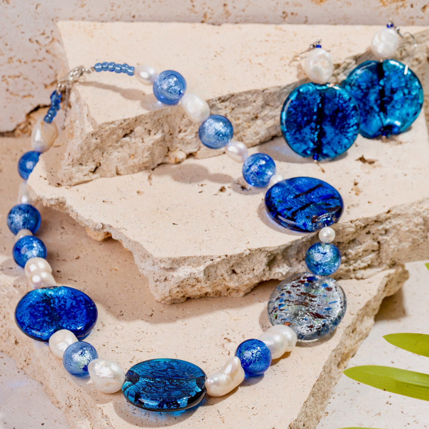 Large Blue Glass Foil Beaded Jewellery