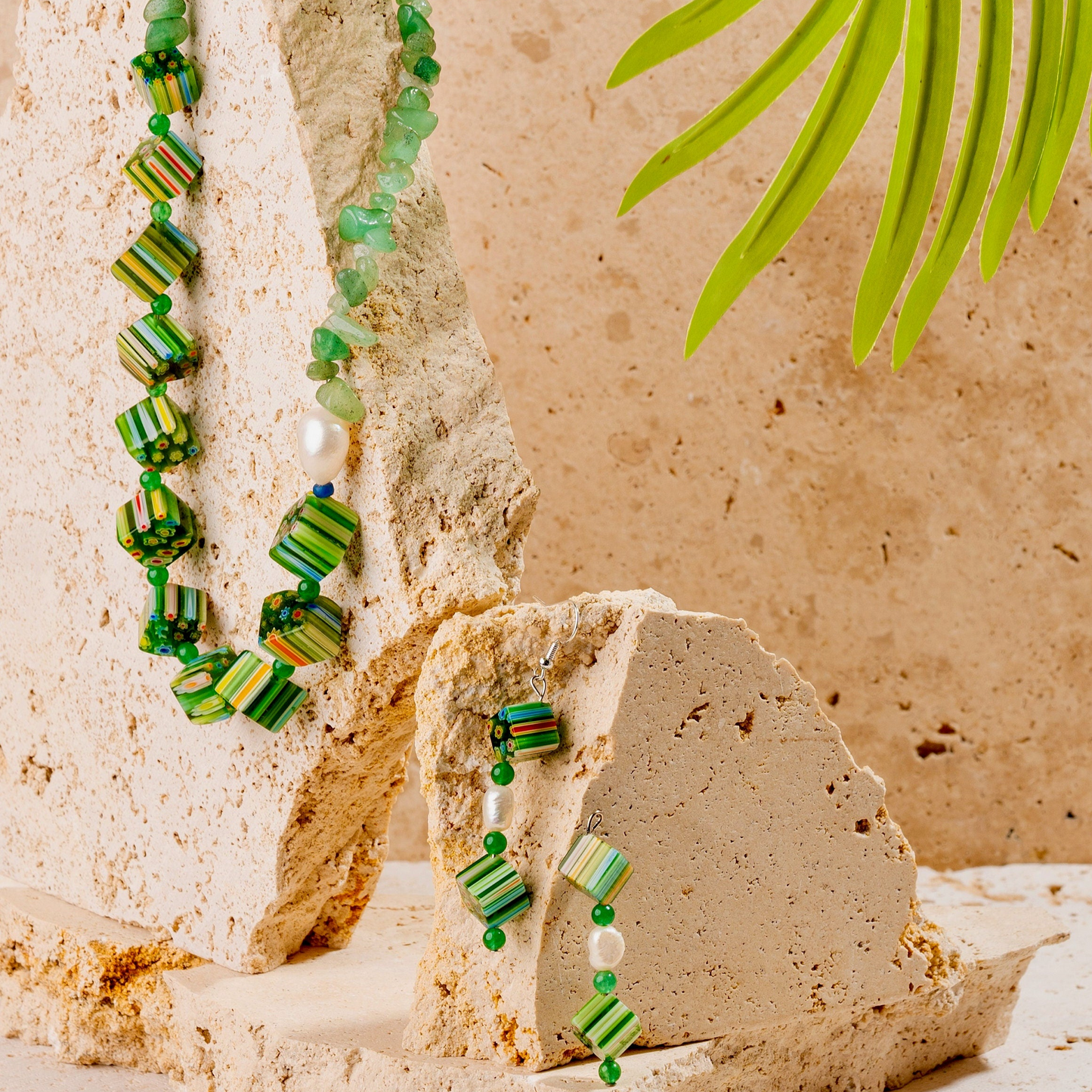 Millefiori Italian Glass Beads + Aventurine + Pearl Jewellery