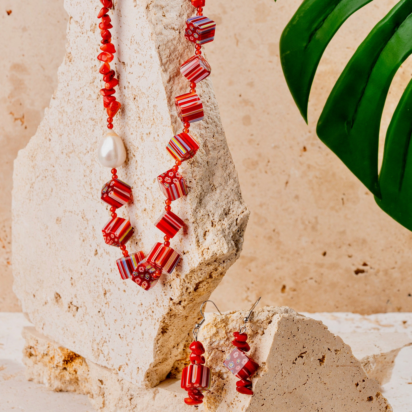 Millefiori Italian Glass Beads + Red Jasper Jewellery Set