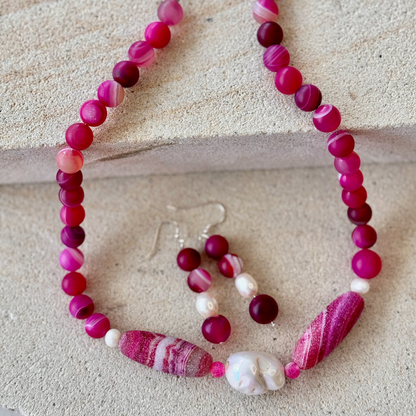 Pink Botswana Agate Beaded Jewellery Set